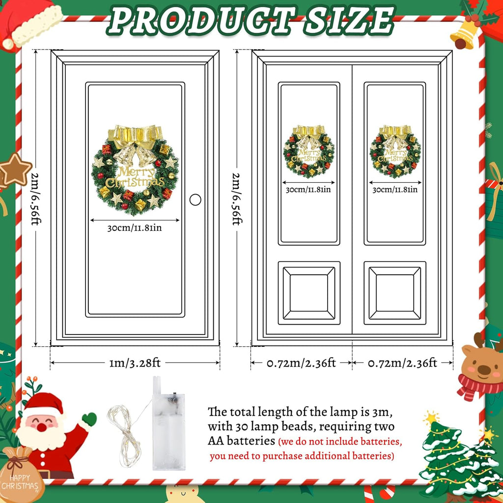 Ghirlanda Natalizia of 30 cm, Ghirlanda Natalizia per Porta with a Golden Bow, Two Golden Bells, Four Bright Five Pointed Stars and 30 Warm White LED Lights