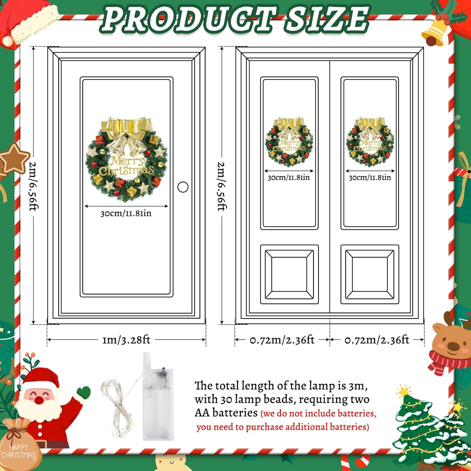 Ghirlanda Natalizia of 30 cm, Ghirlanda Natalizia per Porta with a Golden Bow, Two Golden Bells, Four Bright Five Pointed Stars and 30 Warm White LED Lights