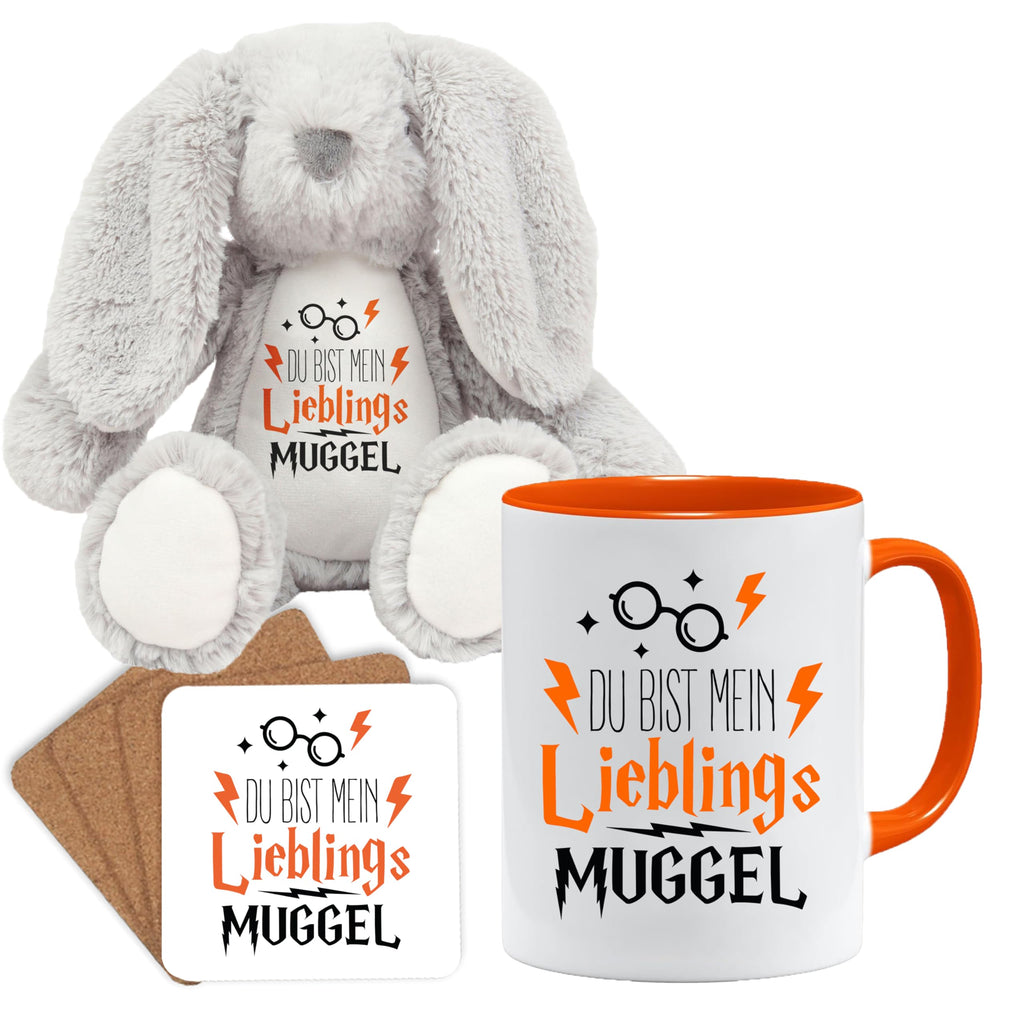 Jungle Mug Caneca de presente divertida com frase | Du bist mein lieblings Mugggel | ideia de presente | ideia de presente para amigo (Teddy, caneca e conjunto de porta-copos (amarelo))