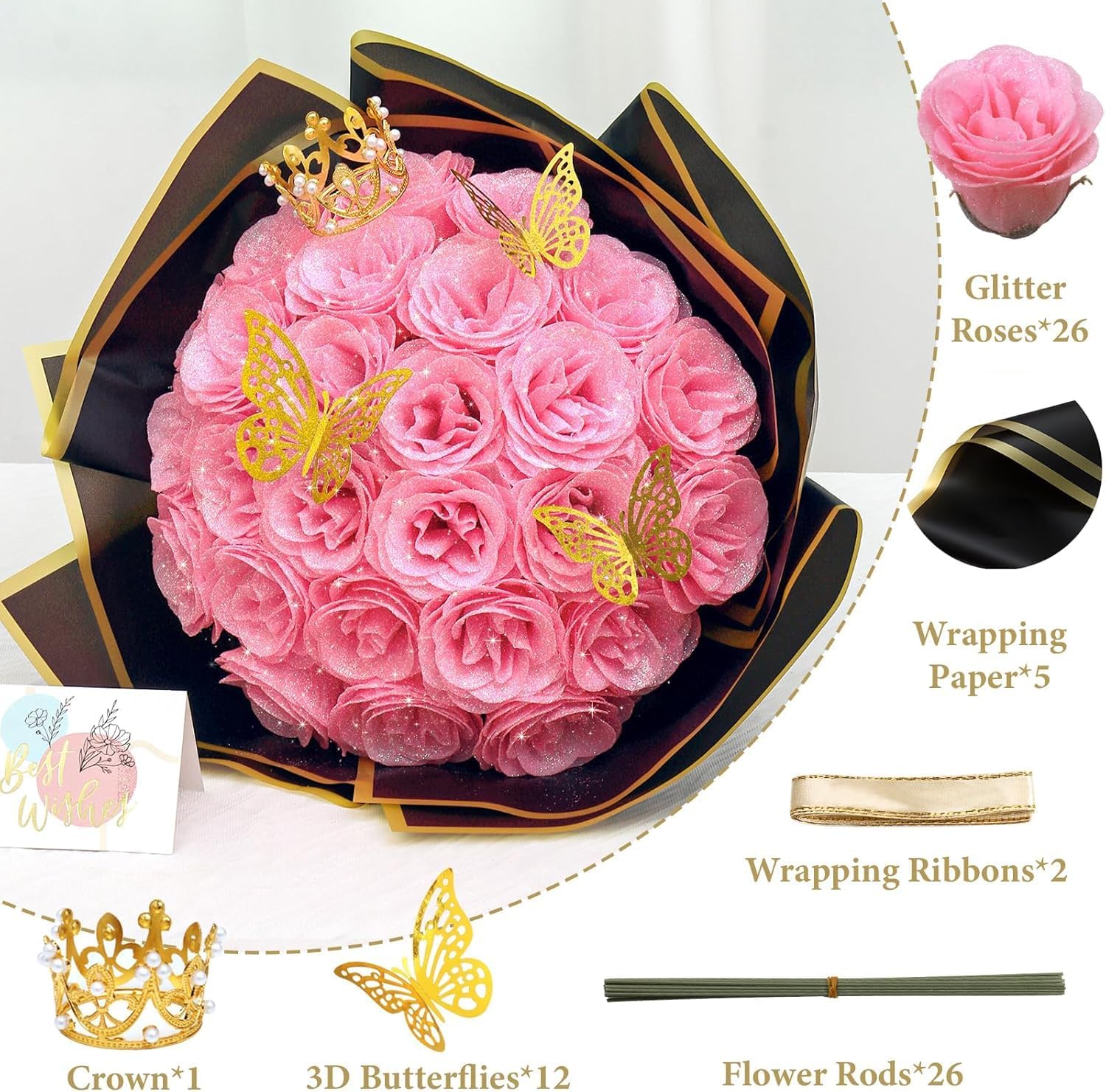 Dremisland Ramo de rosas com purpurinas rosa 26 peças flores artificiais ramo de rosas falsas com haste longa flores falsas para noiva casamento e compromissos casa jardim centros de mesa decoração