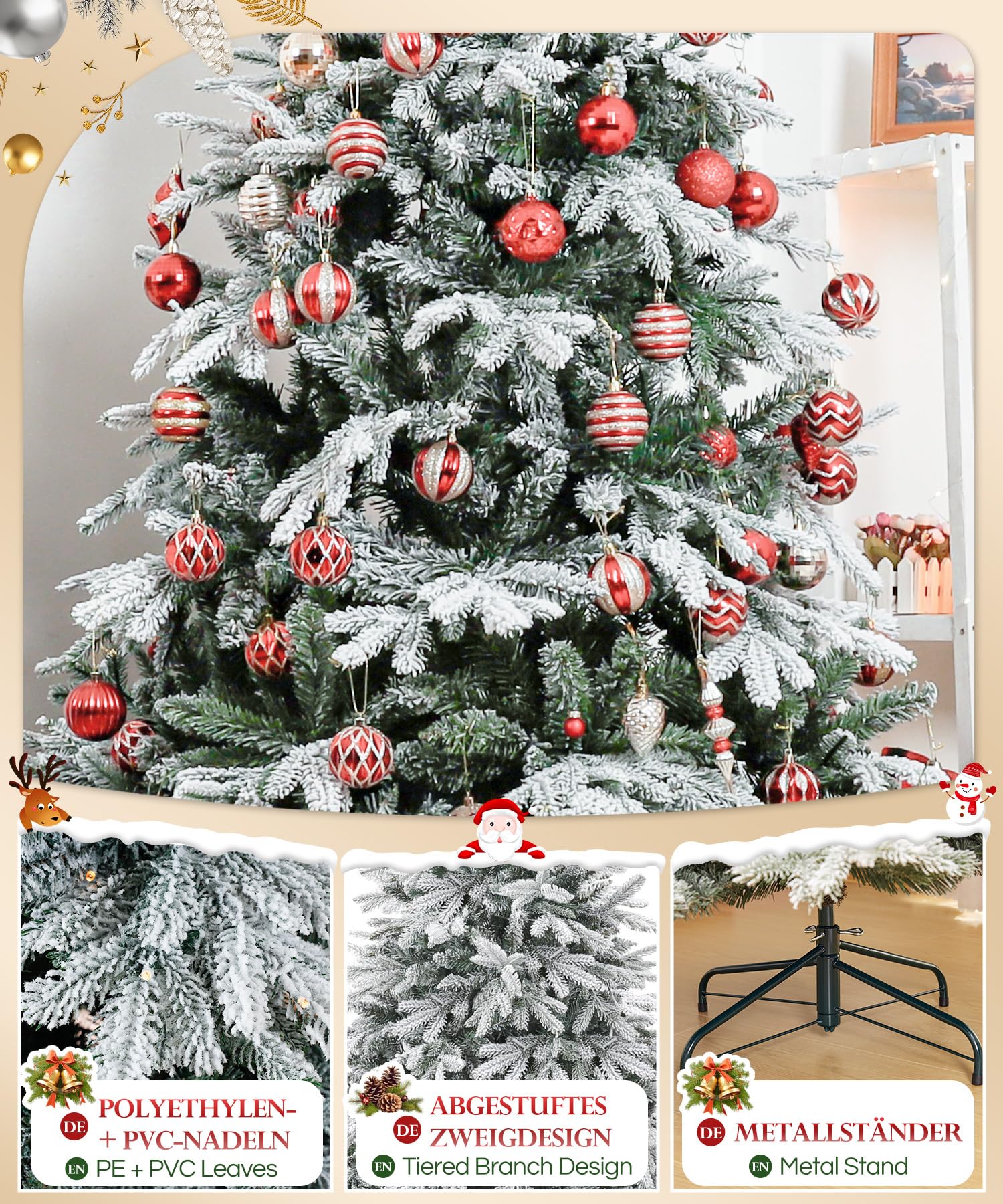 Yorbay Árvore de Natal artificial, com luzes LED e flocos de neve, decoração natalícia, suporte em metal (150 cm)