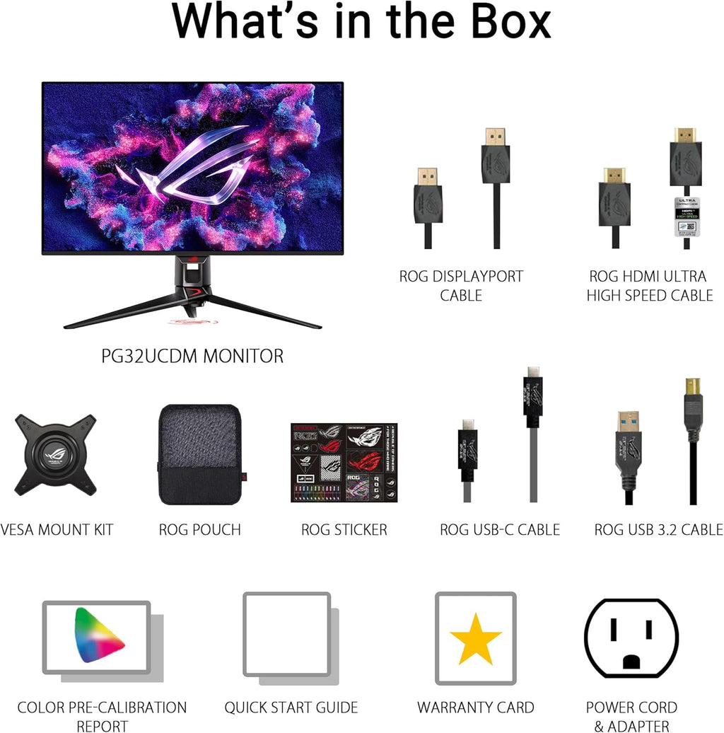 ASUS ROG Swift 32” 4K OLED Gaming Monitor (PG32UCDM) - UHD (3840 x 2160), QD-OLED, 240Hz, 0.03ms, G-SYNC Compatible, Custom Heatsink, Graphene Film, 99% DCI-P3, True 10-bit, 90W USB-C
