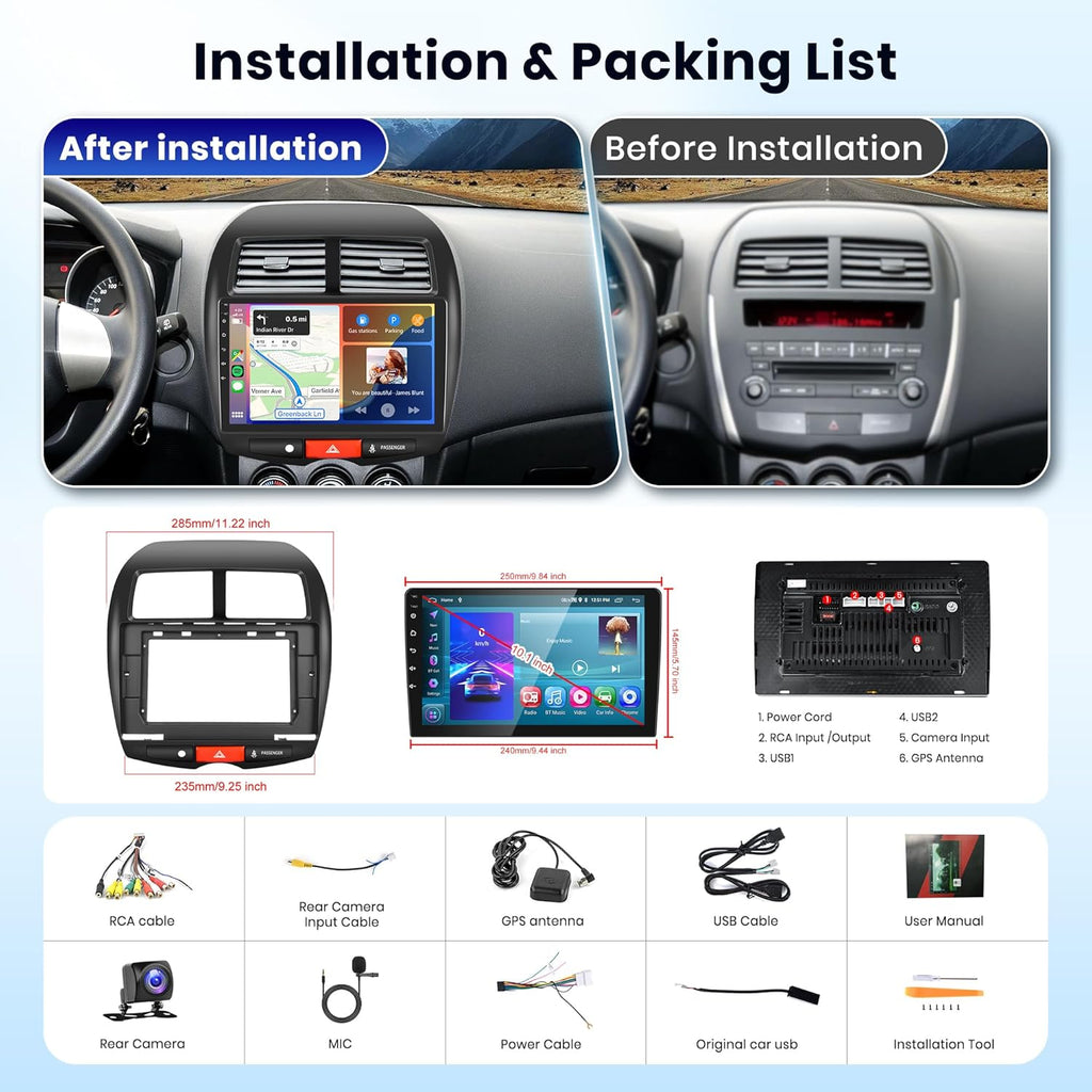 2G+64G Android Car Radio 2 DIN for Mitsubishi ASX 1/Citroen C4/Peugeot 4008 10.1 Inch Car Radio with Apple Carplay Android Auto GPS Navi WiFi Mirror Link Bluetooth FM/RDS/Dab Rear Camera