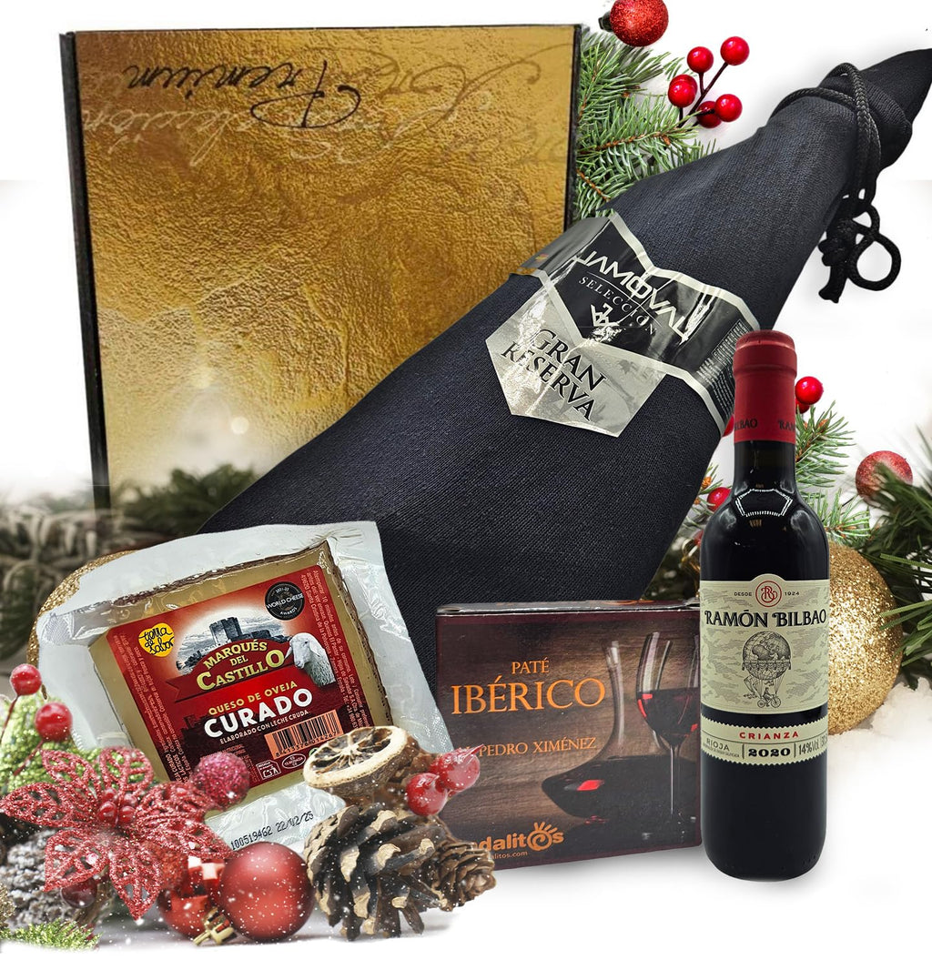 Cesto Gourmet para oferecer M | Perfeita como presente cesta de Natal para empresas, presunto ibérico de isca vinho tempranillo creme de morcela e creme de sobretudo par par PX pack polvones e balões