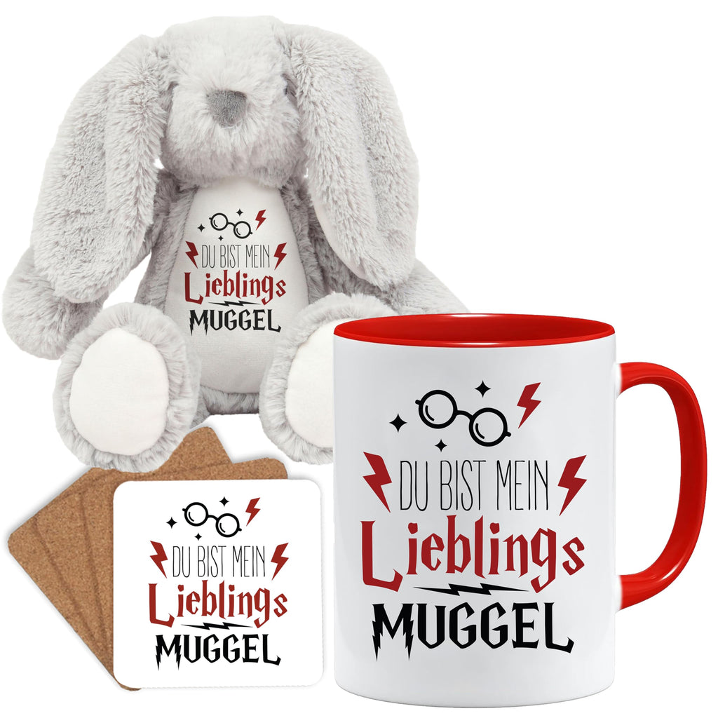 Jungle Mug Caneca de presente divertida com frase | Du bist mein lieblings Mugggel | ideia de presente | ideia de presente para amigo (Teddy, caneca e conjunto de porta-copos (amarelo))