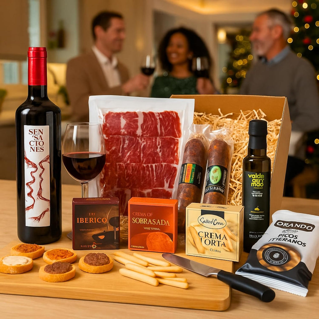 AF - Cesto gourmet para oferecer com vinho sensações de 75 cl, variedade de ibéricos, queijos cremes, OVE, patê de Pedro Ximenez, sobrasada e picos artesanais, cesta de Natal com presunto