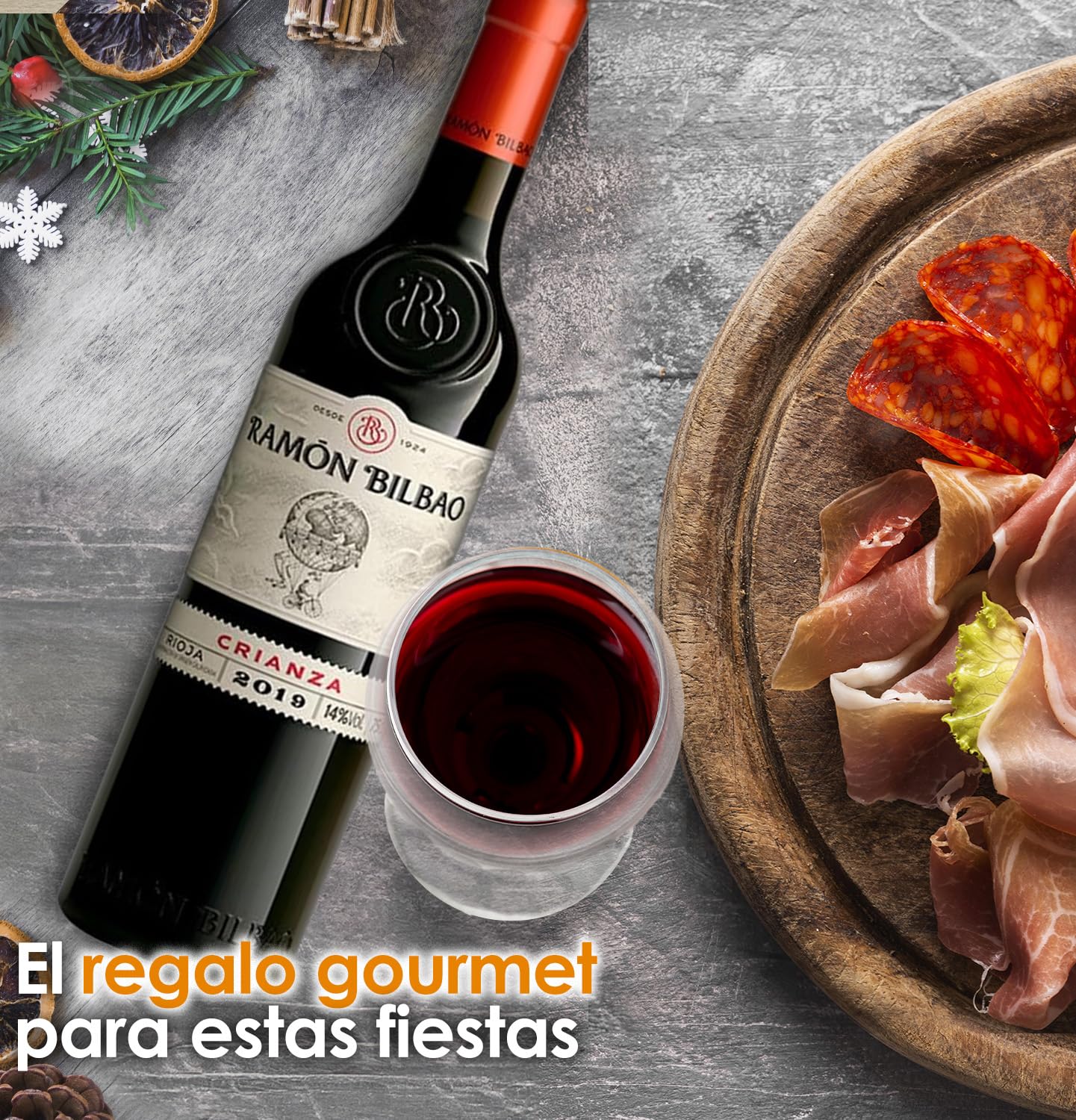 Cesto Gourmet para oferecer M | Perfeita como presente cesta de Natal para empresas, presunto ibérico de isca vinho tempranillo creme de morcela e creme de sobretudo par par PX pack polvones e balões