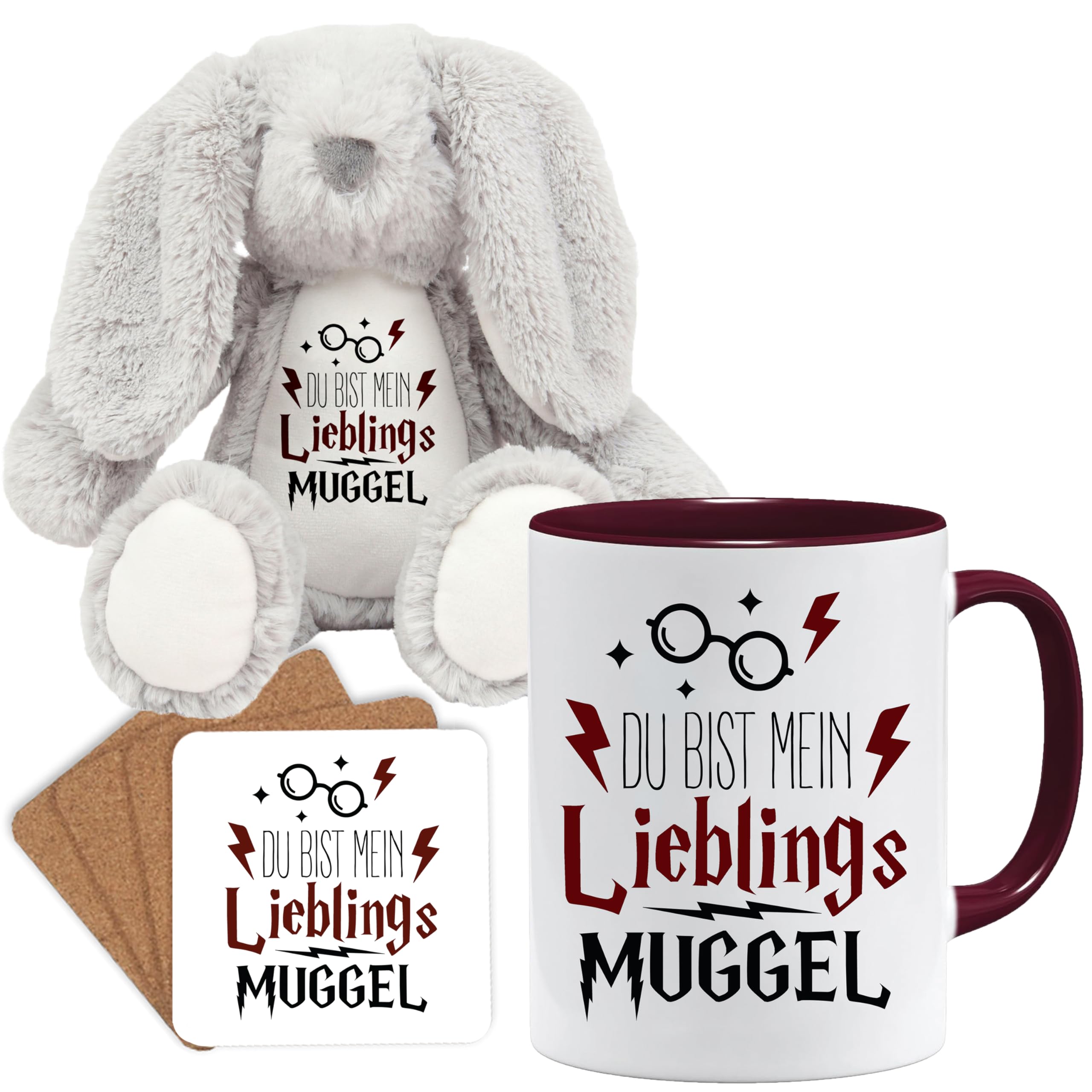 Jungle Mug Caneca de presente divertida com frase | Du bist mein lieblings Mugggel | ideia de presente | ideia de presente para amigo (Teddy, caneca e conjunto de porta-copos (amarelo))