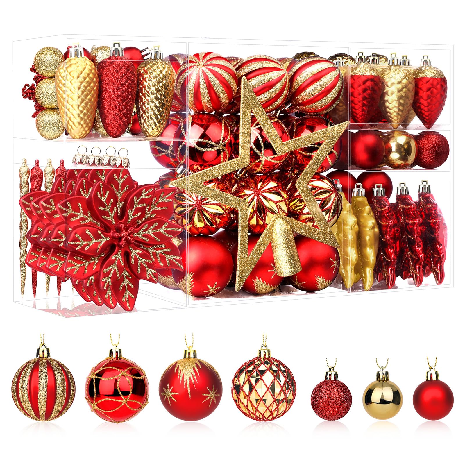 SHareconn 2025 New Set of 106 Christmas Ornaments, Shatterproof Plastic Decorative Ornaments for Christmas Tree Decoration, Ruby Red and Gold