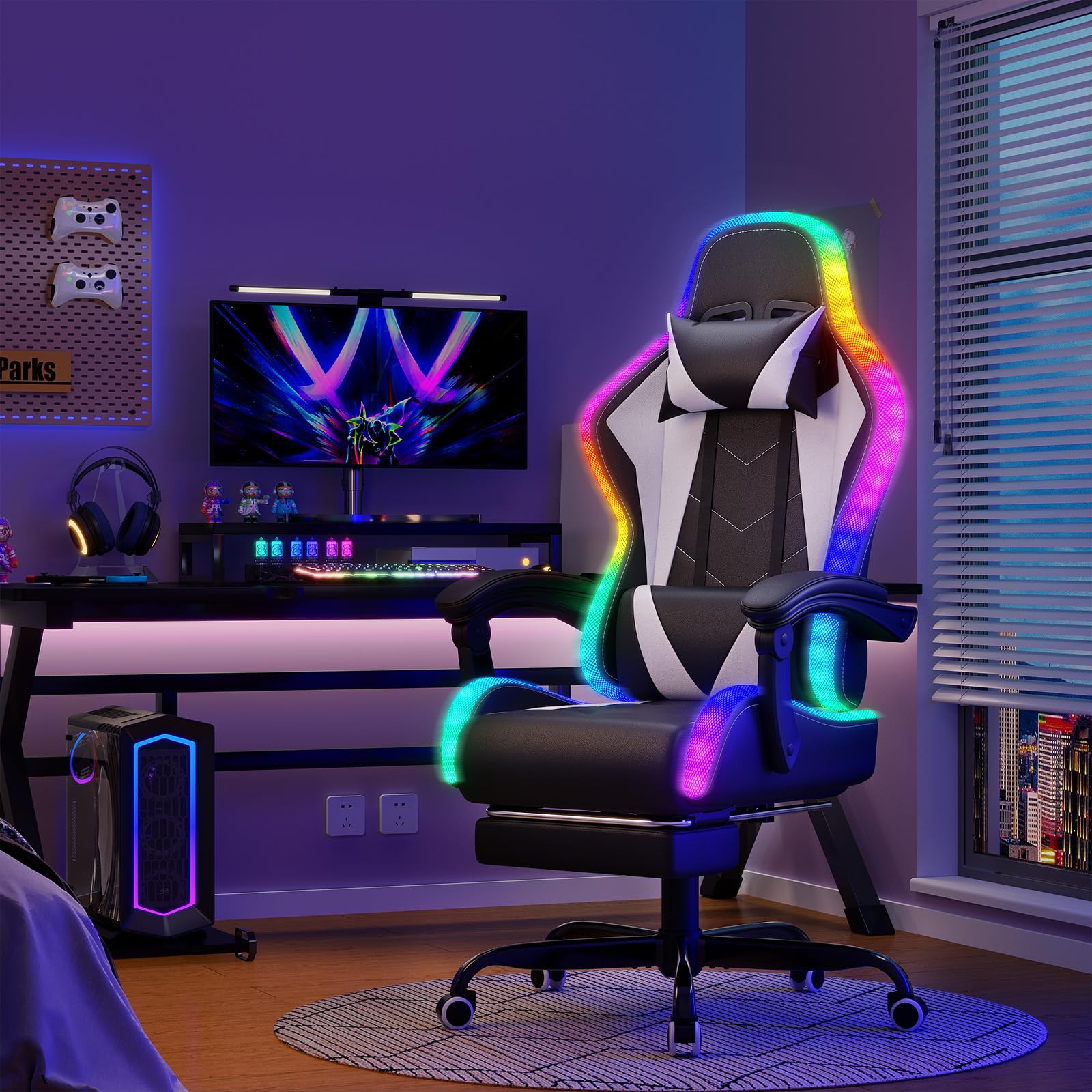 Silla gaming Devoko con masajeador y LED, silla ergonómica de oficina con reposapiés, sillas gaming para oficina y gaming con iluminación RGB (blanca) 