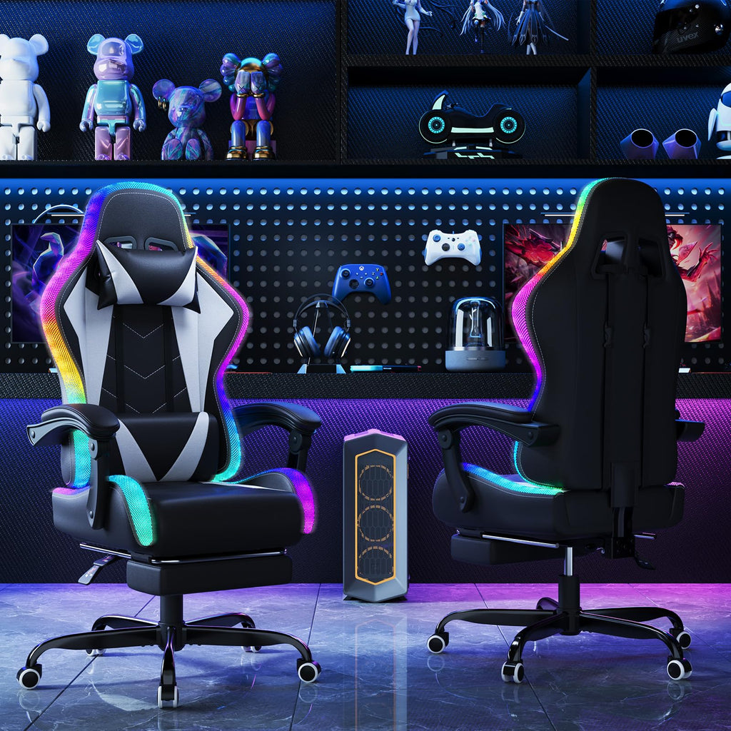 Devoko Cadeira de jogos com massajador e LED, cadeira de escritório ergonómica com apoio para os pés, cadeiras de jogos para escritório e jogos com iluminação RGB(branco)