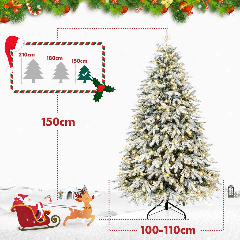 Yorbay Árvore de Natal artificial, com luzes LED e flocos de neve, decoração natalícia, suporte em metal (150 cm)