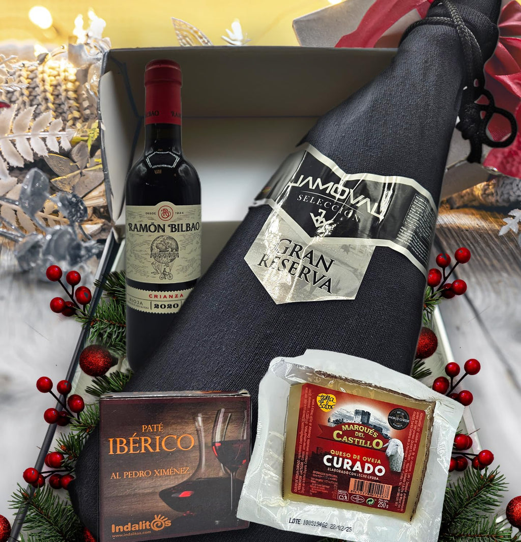 Cesto Gourmet para oferecer M | Perfeita como presente cesta de Natal para empresas, presunto ibérico de isca vinho tempranillo creme de morcela e creme de sobretudo par par PX pack polvones e balões