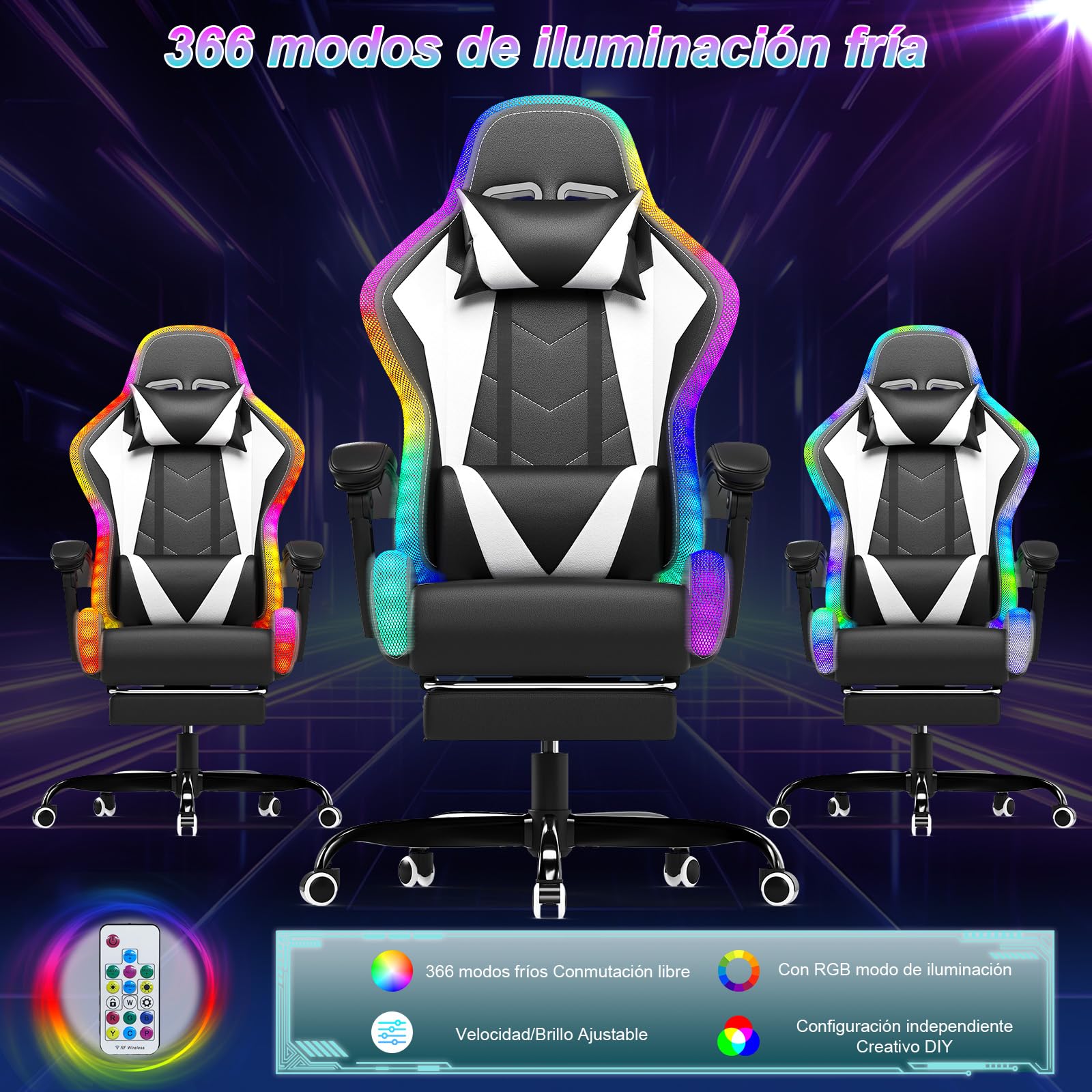 Silla gaming Devoko con masajeador y LED, silla ergonómica de oficina con reposapiés, sillas gaming para oficina y gaming con iluminación RGB (blanca) 
