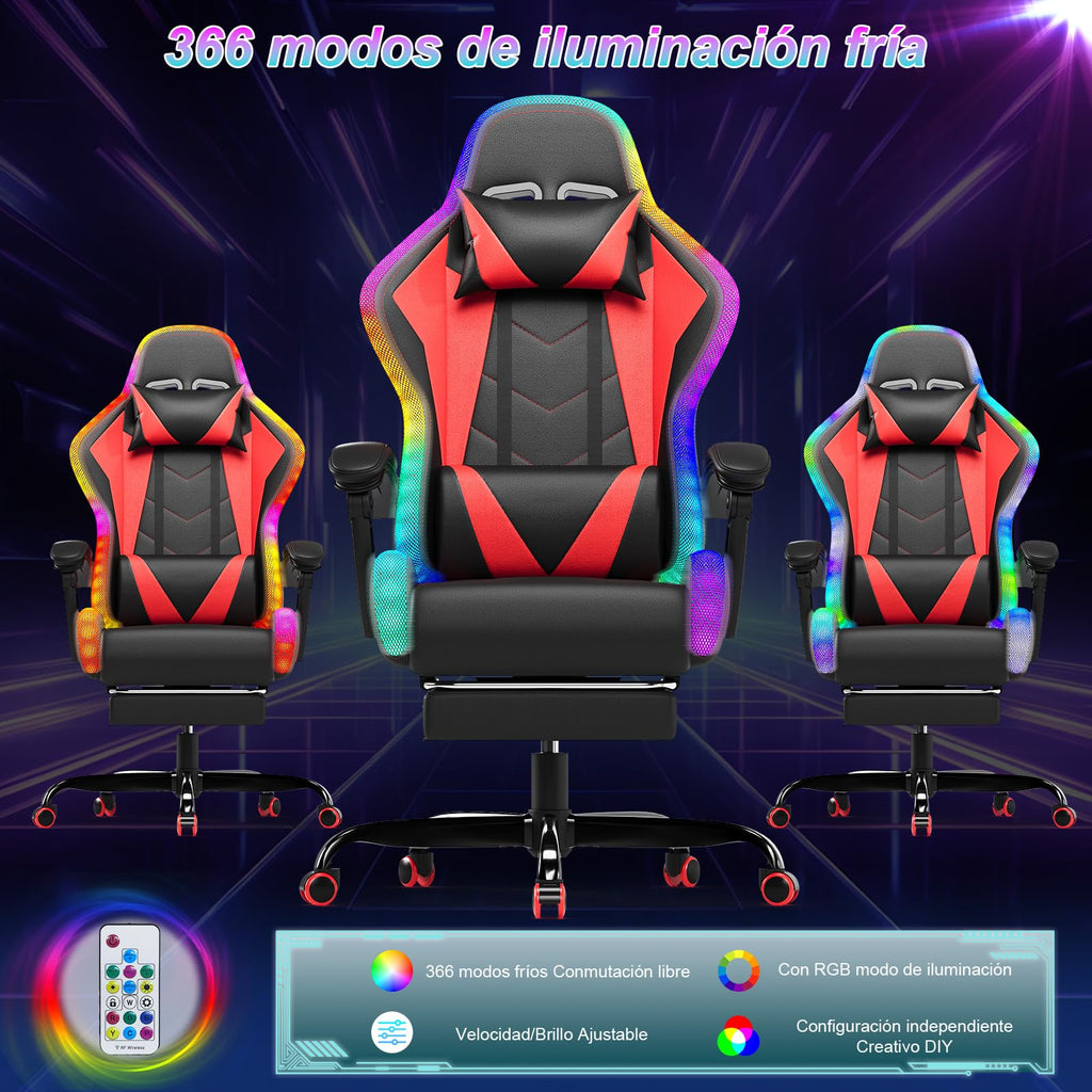 Devoko Cadeira de jogos com massajador e LED, cadeira de escritório ergonómica com apoio para os pés, cadeiras de jogos para escritório e jogos com iluminação RGB(branco)