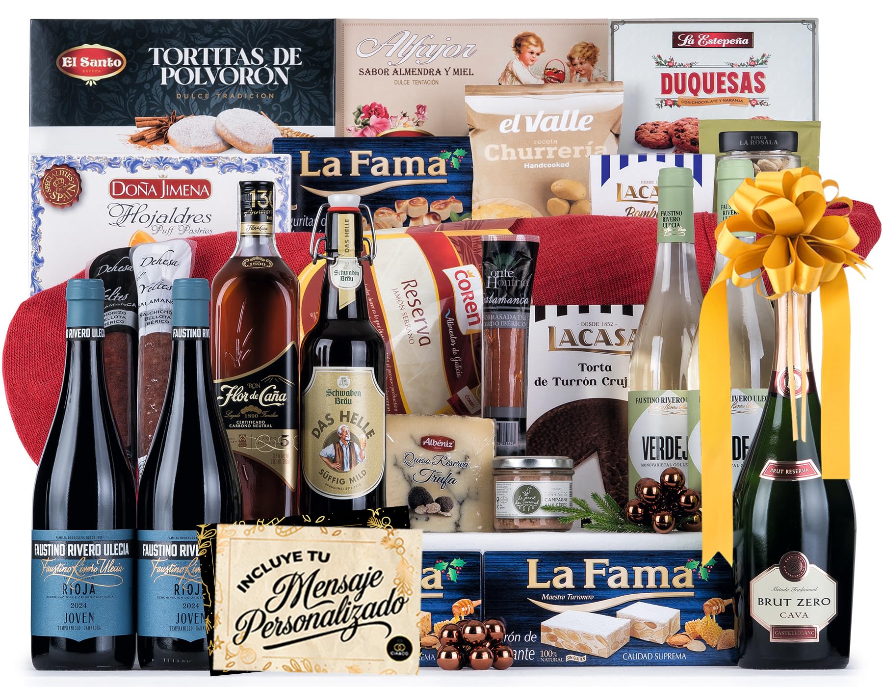 Christmas Basket with Gourmet Ham 2025 (Lot 217) · With Red and White Wine Rioja, Cava, Gin, Beer, Sweets and Iberian · Includes Customizable Card · Ideal Corporate or Family Gift