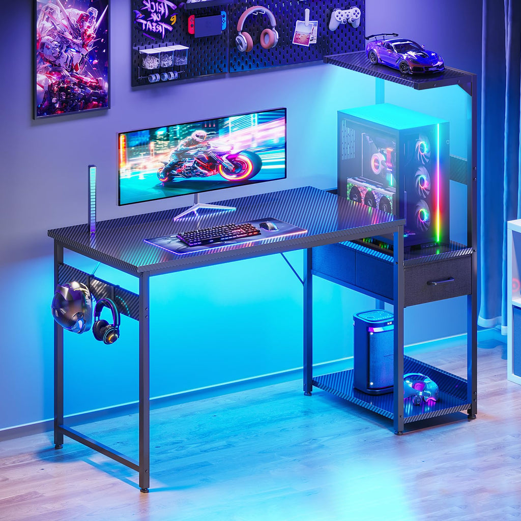 Escritorio para juegos Coleshome con iluminación LED, 120 x 48 cm, cajones y soporte, reversible, con gancho para casco, fibra de carbono negra 