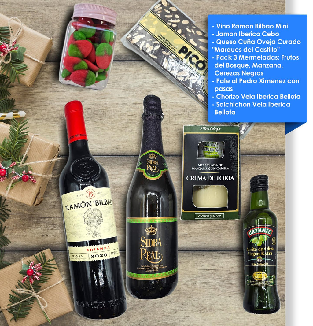 Cesto Gourmet para oferecer M | Perfeita como presente cesta de Natal para empresas, presunto ibérico de isca vinho tempranillo creme de morcela e creme de sobretudo par par PX pack polvones e balões