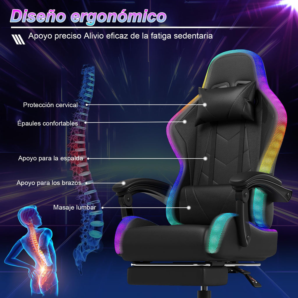 Devoko Cadeira de jogos com massajador e LED, cadeira de escritório ergonómica com apoio para os pés, cadeiras de jogos para escritório e jogos com iluminação RGB(branco)