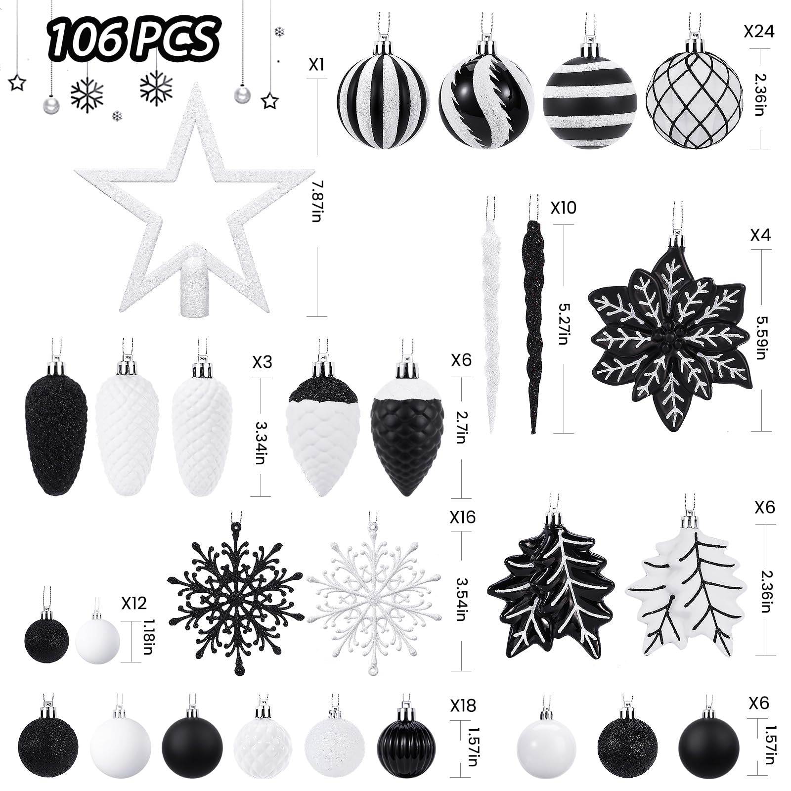 SHareconn 2025 New Set of 106 Christmas Ornaments, Shatterproof Plastic Decorative Ornaments for Christmas Tree Decoration, Ruby Red and Gold