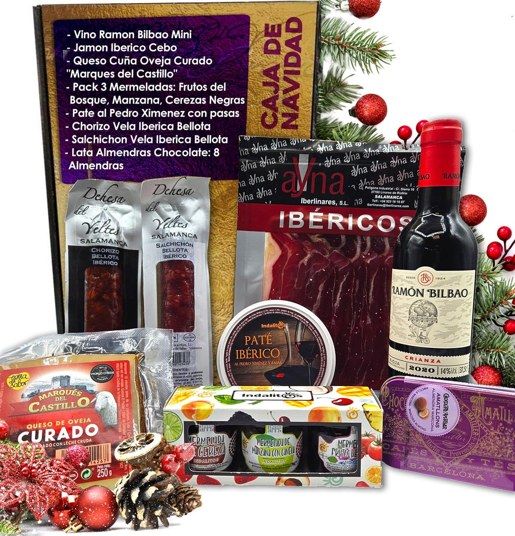 Cesto Gourmet para oferecer M | Perfeita como presente cesta de Natal para empresas, presunto ibérico de isca vinho tempranillo creme de morcela e creme de sobretudo par par PX pack polvones e balões