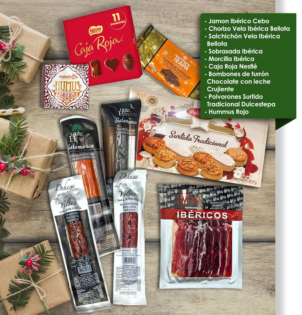Cesto Gourmet para oferecer M | Perfeita como presente cesta de Natal para empresas, presunto ibérico de isca vinho tempranillo creme de morcela e creme de sobretudo par par PX pack polvones e balões