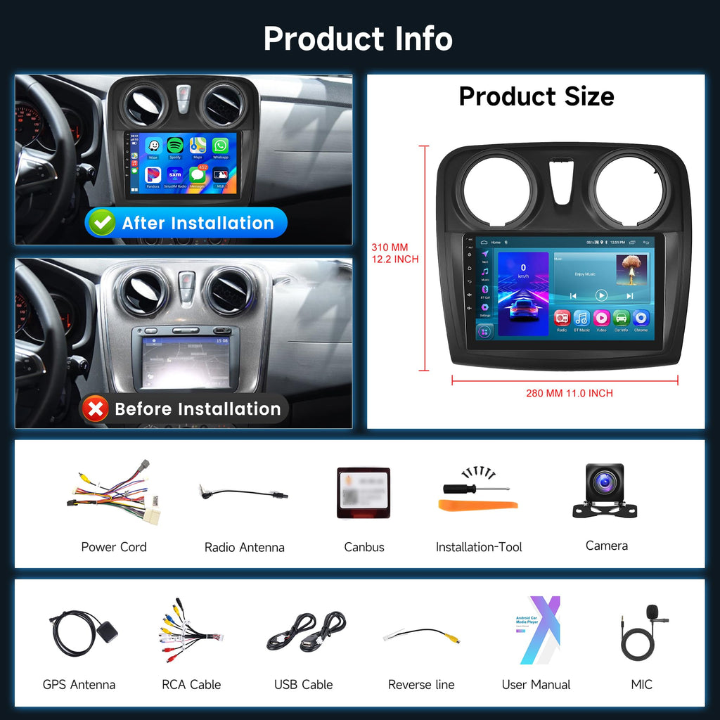 2G+64G Wireless Carplay Android Car Radio for Renault Dacia Logan 2 Sandero B52 2012-2019 9 Inch Radio with Android Auto Navi GPS WiFi Mirror Link Bluetooth FM/RDS/Dab/SWC Rear Camera