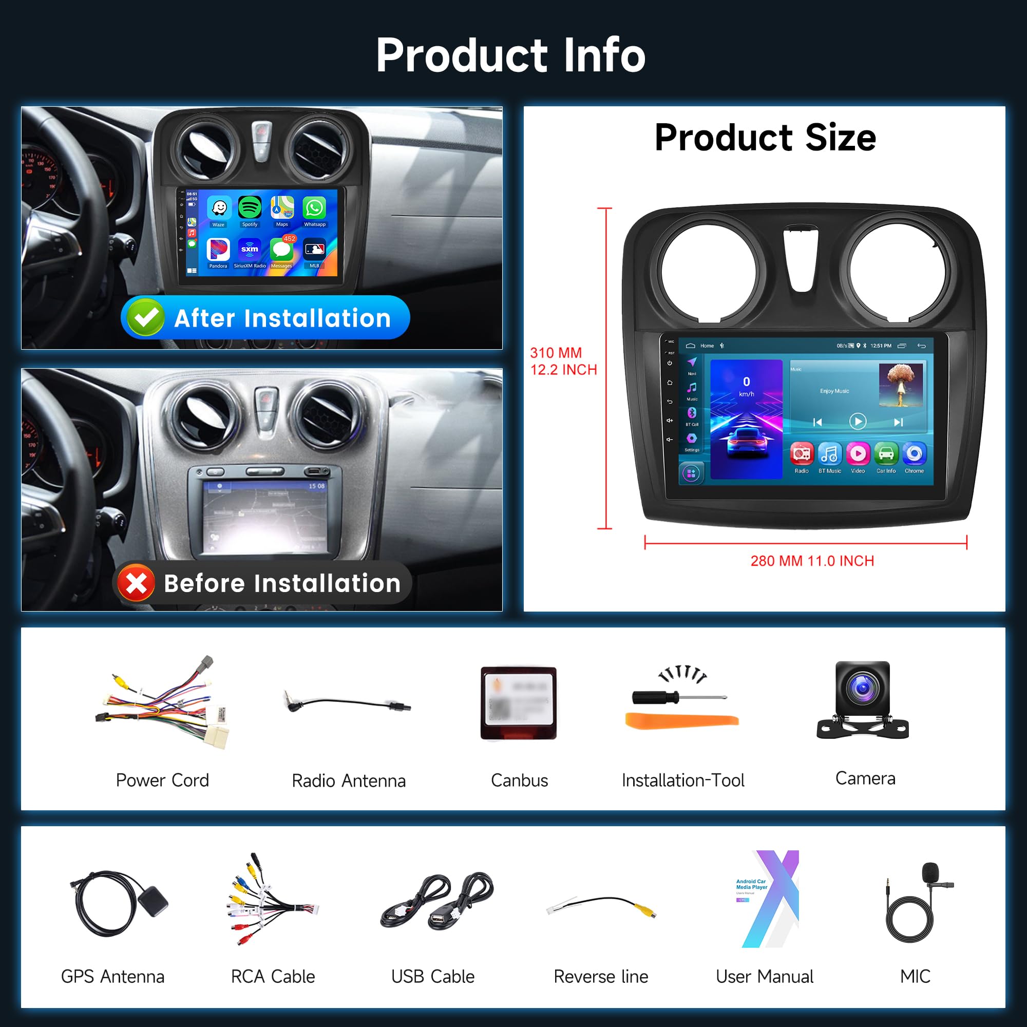 2G+64G Wireless Carplay Android Car Radio for Renault Dacia Logan 2 Sandero B52 2012-2019 9 Inch Radio with Android Auto Navi GPS WiFi Mirror Link Bluetooth FM/RDS/Dab/SWC Rear Camera