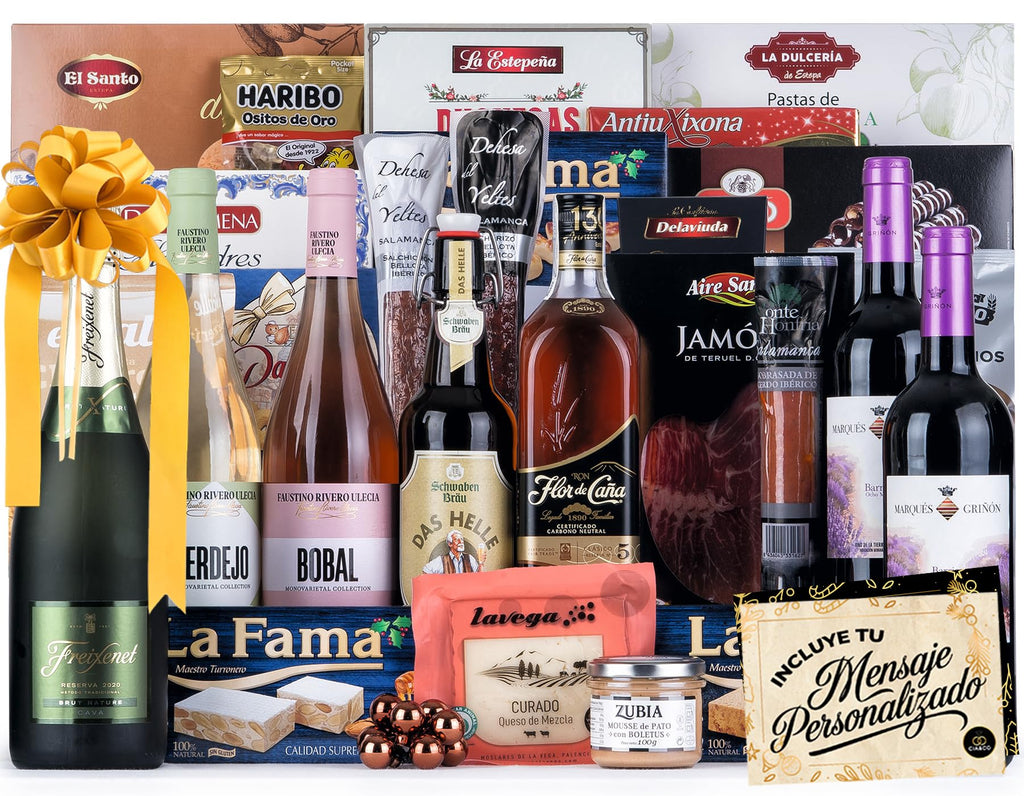 Christmas Basket with Gourmet Ham 2025 (Lot 217) · With Red and White Wine Rioja, Cava, Gin, Beer, Sweets and Iberian · Includes Customizable Card · Ideal Corporate or Family Gift