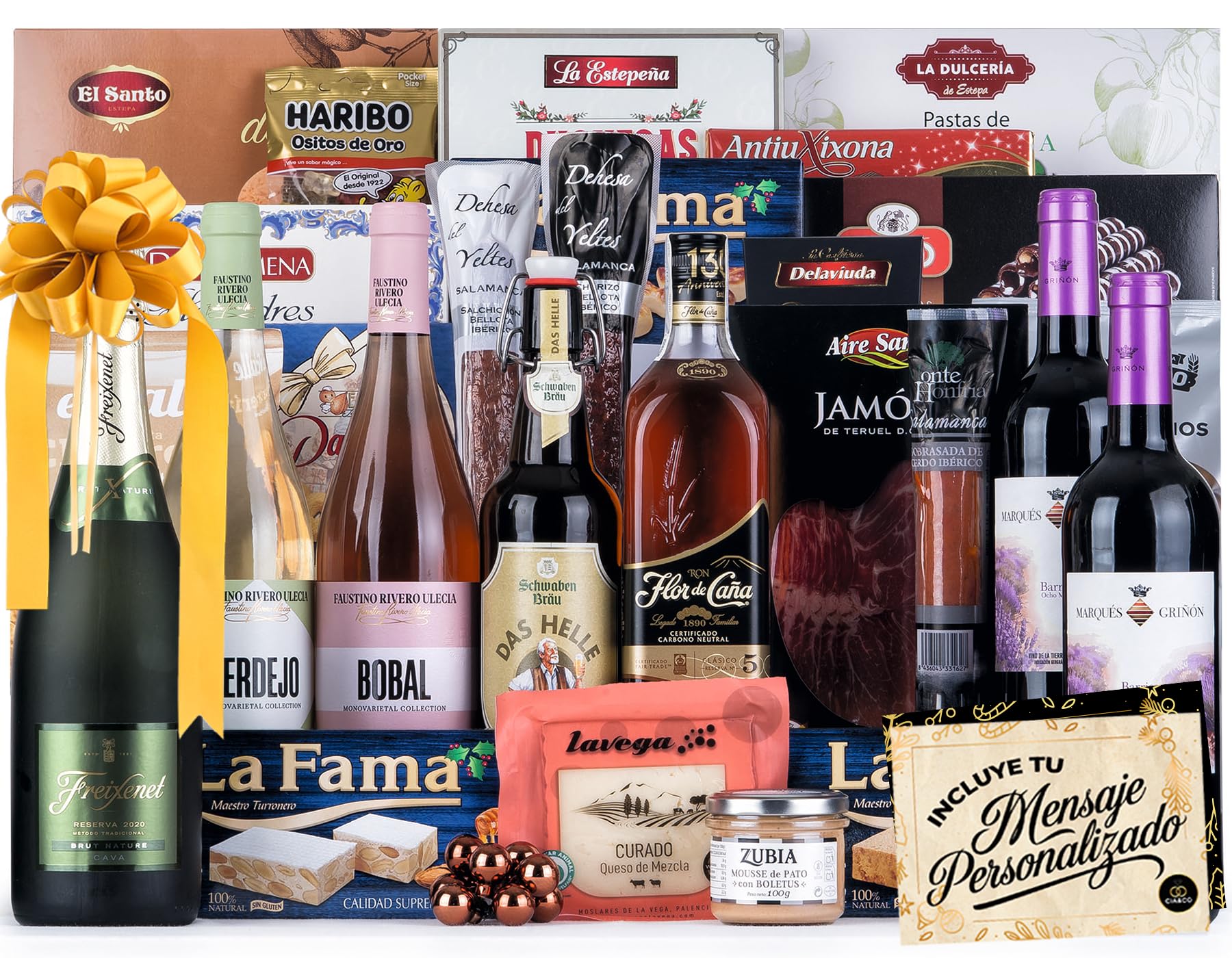 Christmas Basket with Gourmet Ham 2025 (Lot 217) · With Red and White Wine Rioja, Cava, Gin, Beer, Sweets and Iberian · Includes Customizable Card · Ideal Corporate or Family Gift