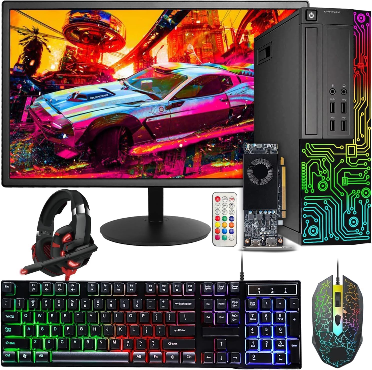 Dell Gaming OptiPlex Desktop RGB Computer PC, Intel Core i7, GeForce GT 1030 2GB GDDR5, 16GB RAM, 512GB SSD, 24 Inch HDMI Monitor, Keyboard Mouse and Headset, WiFi, W11 Pro (Renewed)