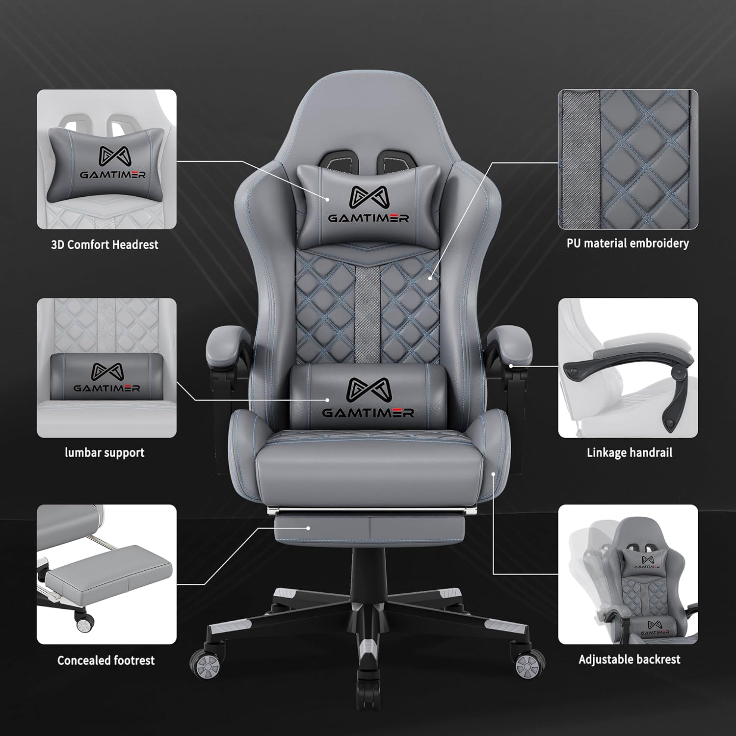 Gaming Chair, 400 lbs Adult Chair, High Back Computer Chair with Footrest and Linked Armrests, Office Video Game Chair with Lumbar Support (Grey)