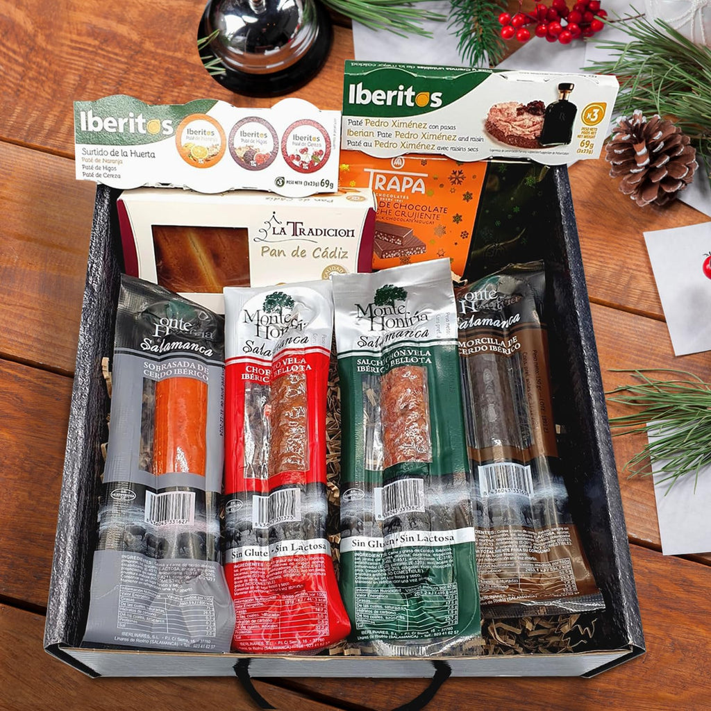 Cesto Gourmet para oferecer M | Perfeita como presente cesta de Natal para empresas, presunto ibérico de isca vinho tempranillo creme de morcela e creme de sobretudo par par PX pack polvones e balões