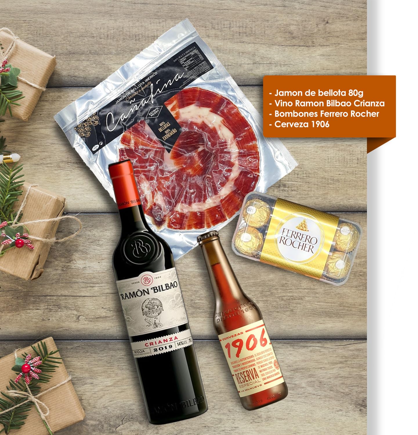Cesto Gourmet para oferecer M | Perfeita como presente cesta de Natal para empresas, presunto ibérico de isca vinho tempranillo creme de morcela e creme de sobretudo par par PX pack polvones e balões