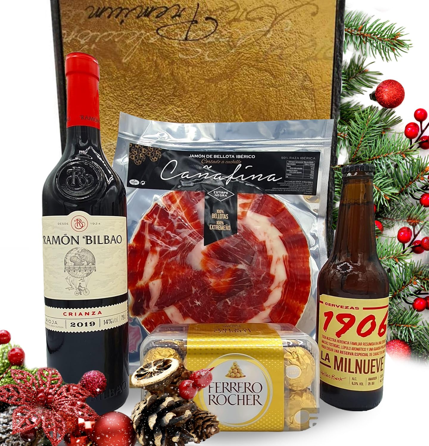 Cesto Gourmet para oferecer M | Perfeita como presente cesta de Natal para empresas, presunto ibérico de isca vinho tempranillo creme de morcela e creme de sobretudo par par PX pack polvones e balões