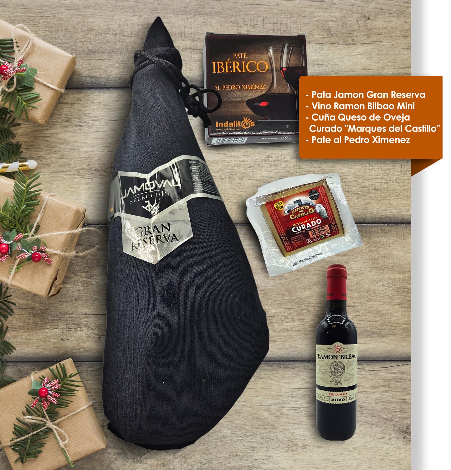 Cesto Gourmet para oferecer M | Perfeita como presente cesta de Natal para empresas, presunto ibérico de isca vinho tempranillo creme de morcela e creme de sobretudo par par PX pack polvones e balões