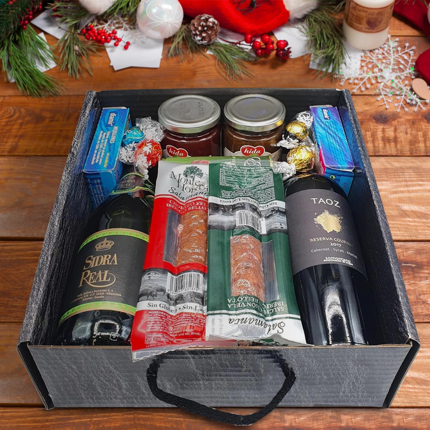 Cesto Gourmet para oferecer M | Perfeita como presente cesta de Natal para empresas, presunto ibérico de isca vinho tempranillo creme de morcela e creme de sobretudo par par PX pack polvones e balões