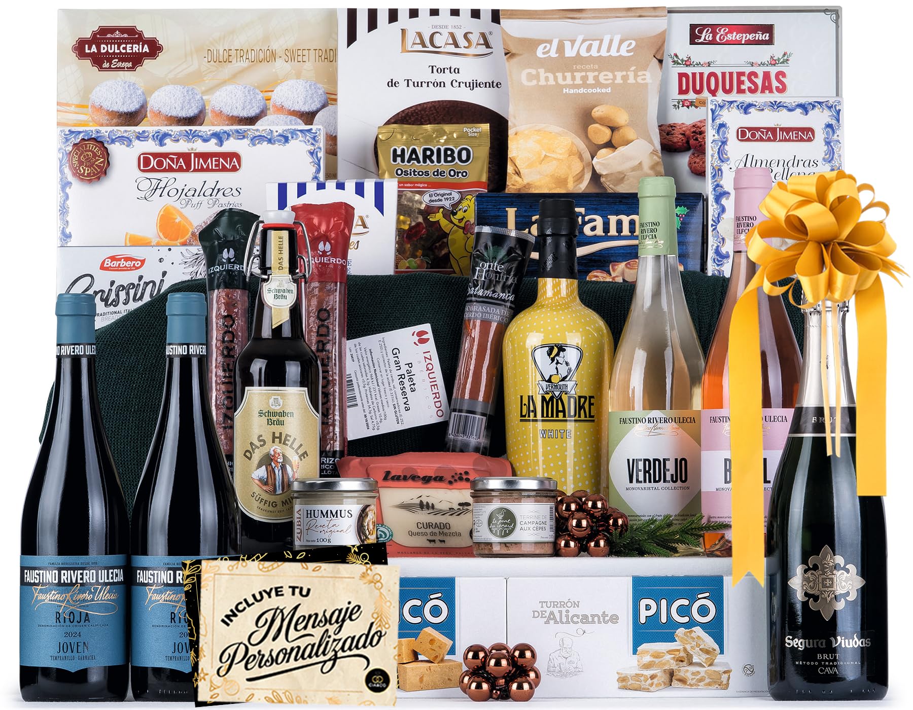 Christmas Basket with Gourmet Ham 2025 (Lot 217) · With Red and White Wine Rioja, Cava, Gin, Beer, Sweets and Iberian · Includes Customizable Card · Ideal Corporate or Family Gift
