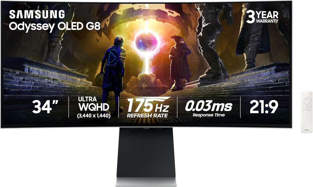 Samsung 34" Odyssey OLED G8 (G85SD) Ultra-QWHD QD-OLED G-Sync Compatible Curved Gaming Monitor, 175Hz, 0.03ms, Glare-Free Display, AMD FreeSync Premium Pro, 3 Yr Warranty,LS34DG856SNXZA,2024