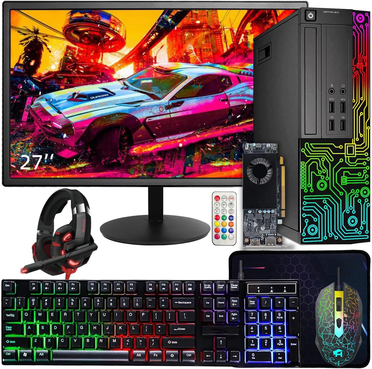 Dell Gaming OptiPlex Desktop RGB Computer PC, Intel Core i7, GeForce GT 1030 2GB GDDR5, 16GB RAM, 512GB SSD, 24 Inch HDMI Monitor, Keyboard Mouse and Headset, WiFi, W11 Pro (Renewed)