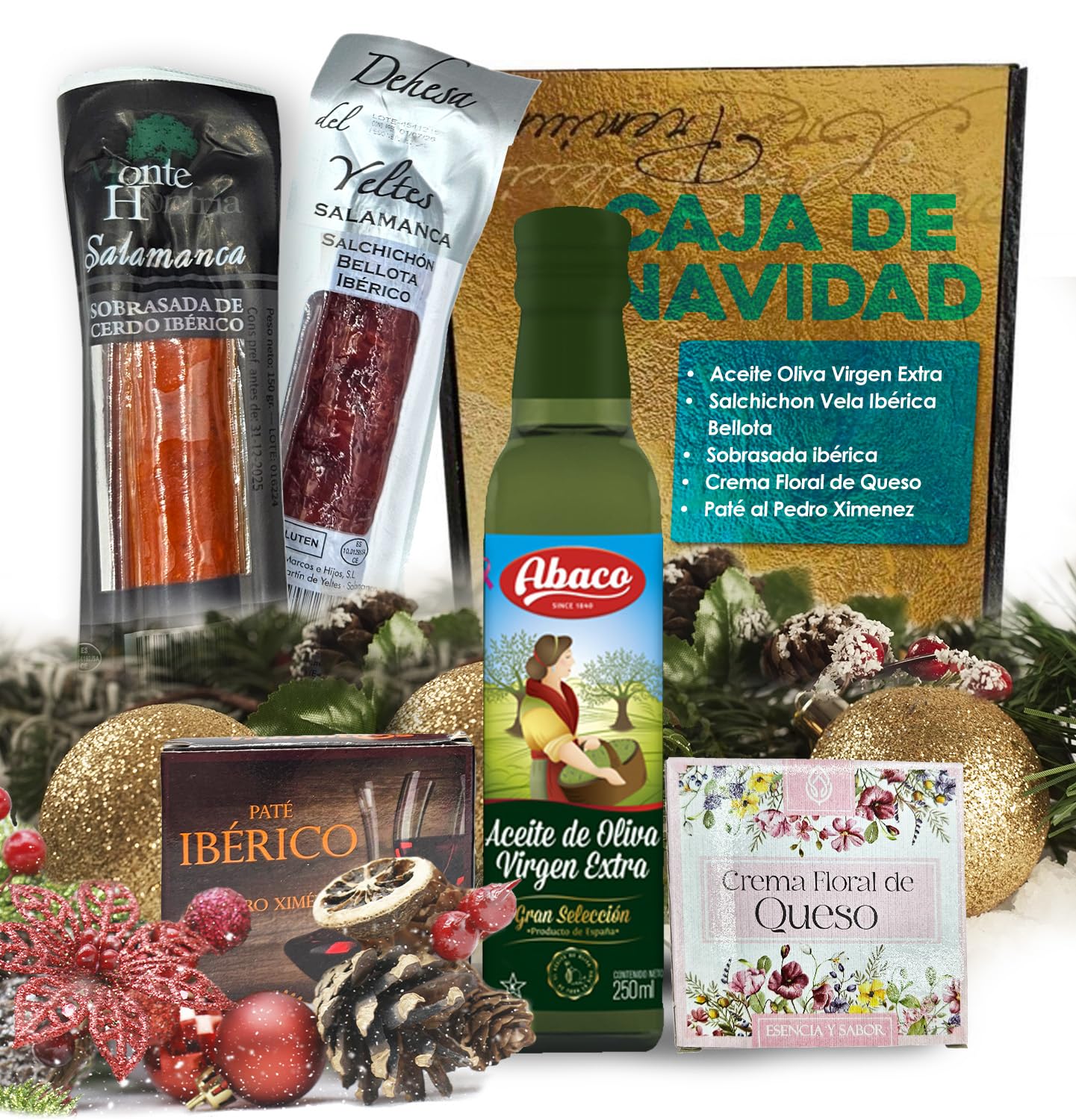 Cesto Gourmet para oferecer M | Perfeita como presente cesta de Natal para empresas, presunto ibérico de isca vinho tempranillo creme de morcela e creme de sobretudo par par PX pack polvones e balões