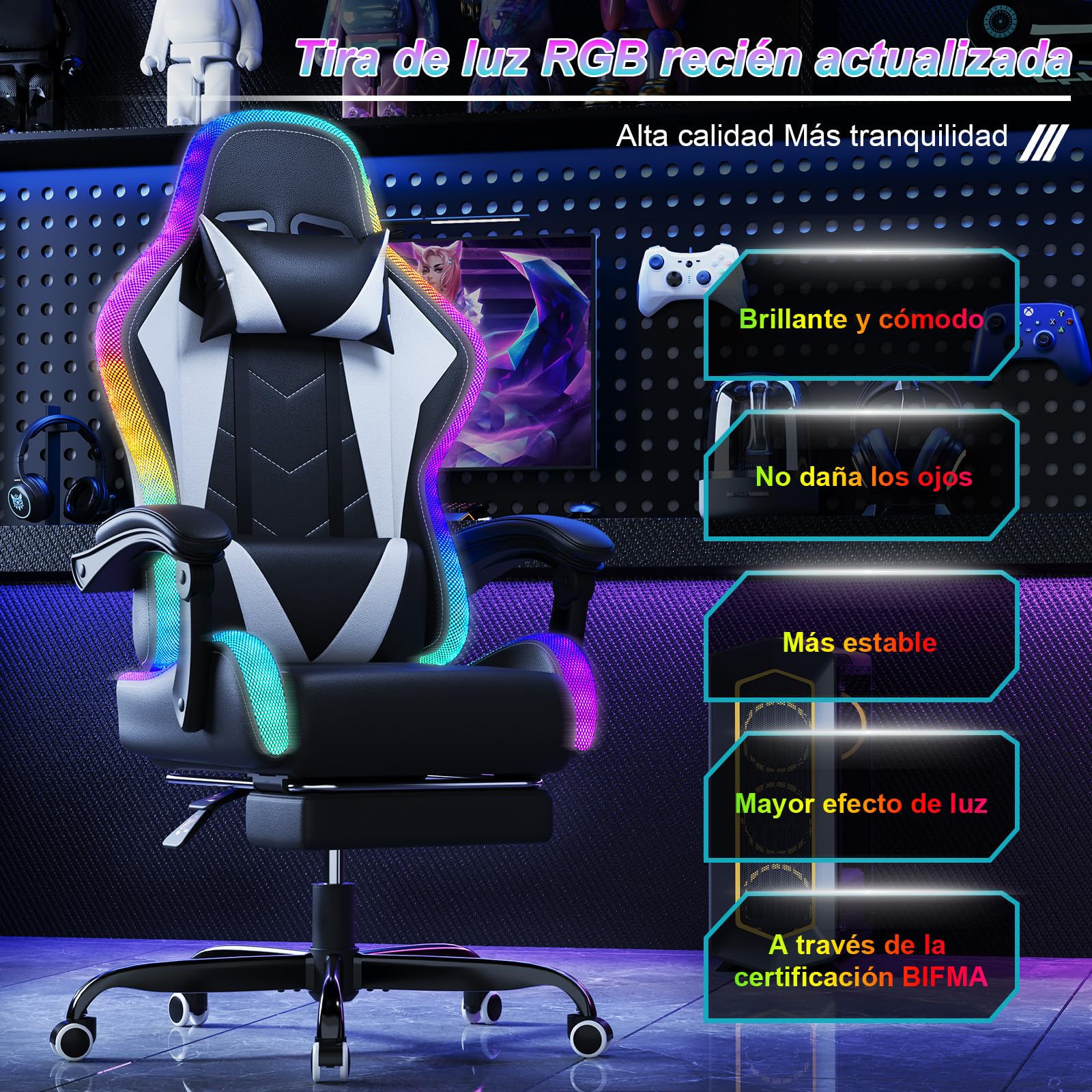 Silla gaming Devoko con masajeador y LED, silla ergonómica de oficina con reposapiés, sillas gaming para oficina y gaming con iluminación RGB (blanca) 