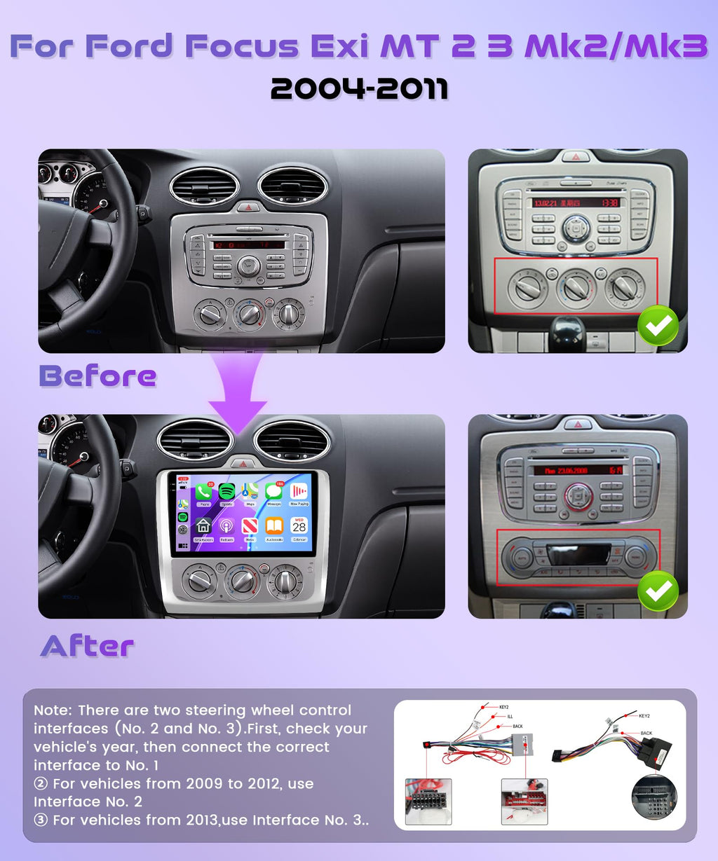 4G+64G Wireless Carplay Android Car Radio for Ford Focus Mk2 Mk3 Exi MT 2 3 2004-2011 9 Inch Incell Screen Car Radio Android Auto GPS Navi WiFi Bluetooth FM/RDS EQ/USB/SWC Rear Camera