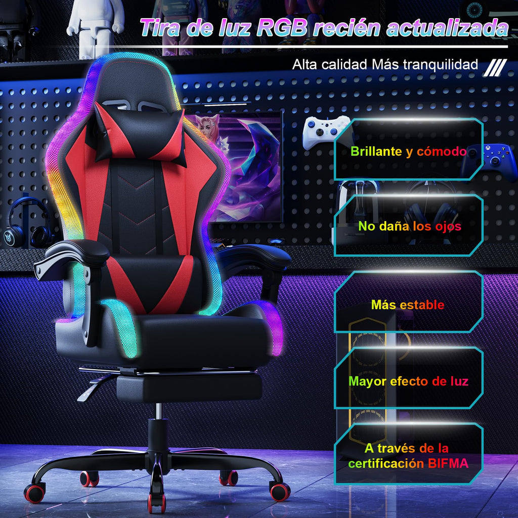 Devoko Cadeira de jogos com massajador e LED, cadeira de escritório ergonómica com apoio para os pés, cadeiras de jogos para escritório e jogos com iluminação RGB(branco)