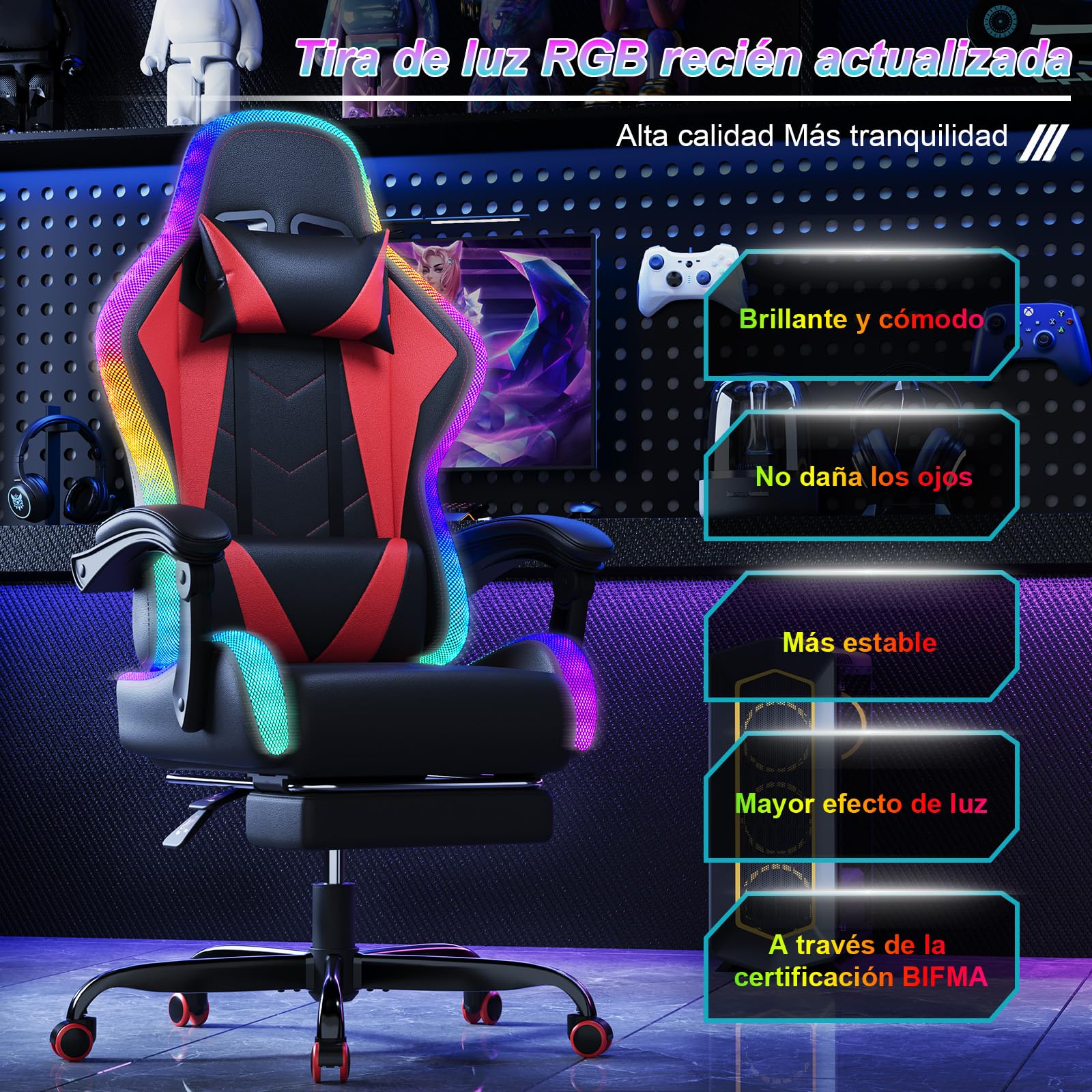 Devoko Cadeira de jogos com massajador e LED, cadeira de escritório ergonómica com apoio para os pés, cadeiras de jogos para escritório e jogos com iluminação RGB(branco)