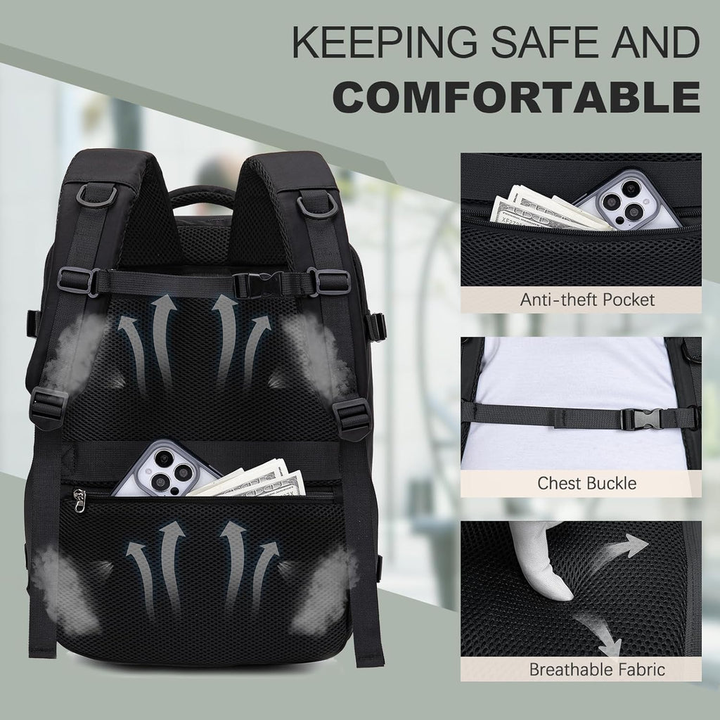 Mochila Viaje Cabina Avion 45x36x20, Mochila de Viaje para Easyjet con 3 Organizadores Equipaje de Mano con Bolsillo Antirrobo