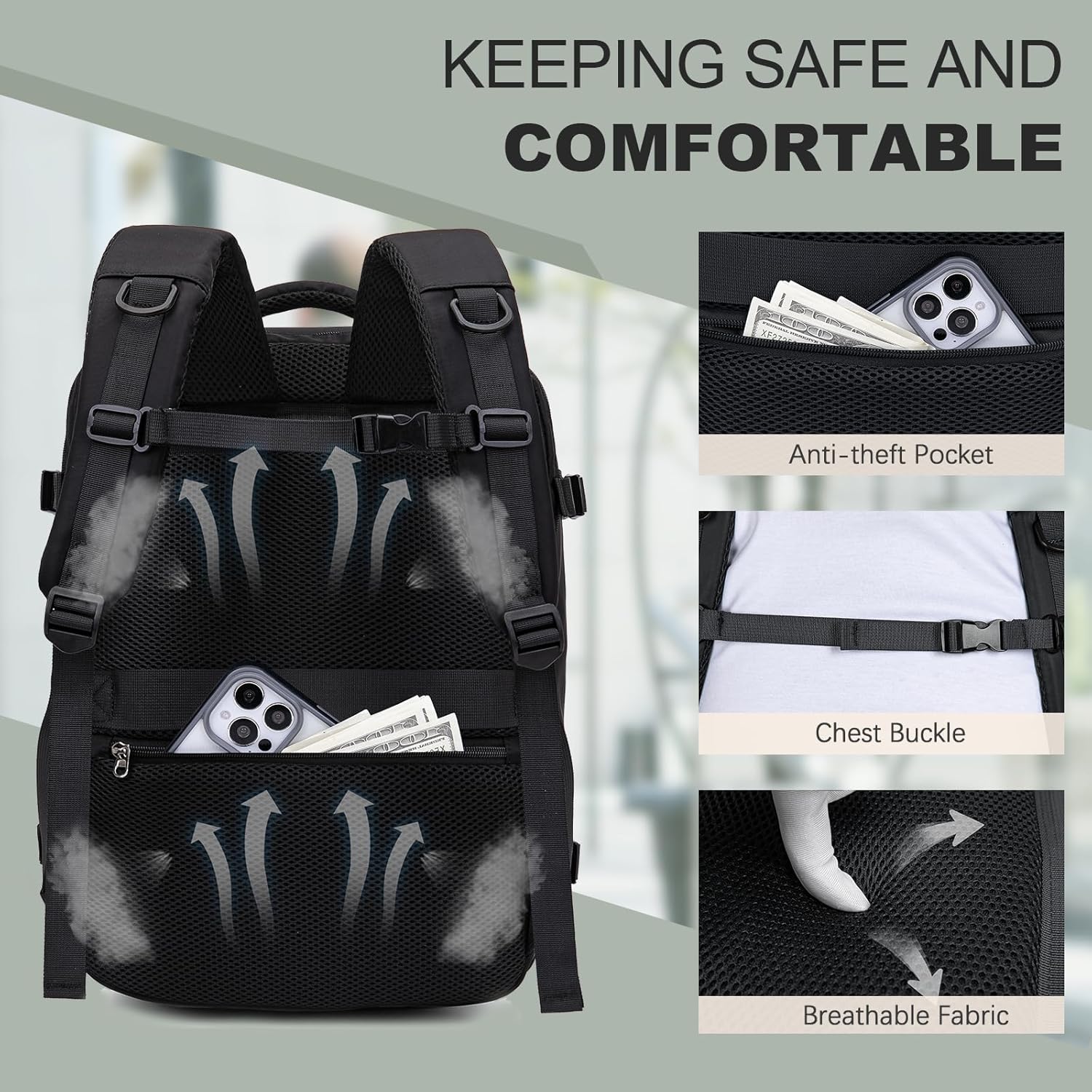 Mochila Viaje Cabina Avion 45x36x20, Mochila de Viaje para Easyjet con 3 Organizadores Equipaje de Mano con Bolsillo Antirrobo