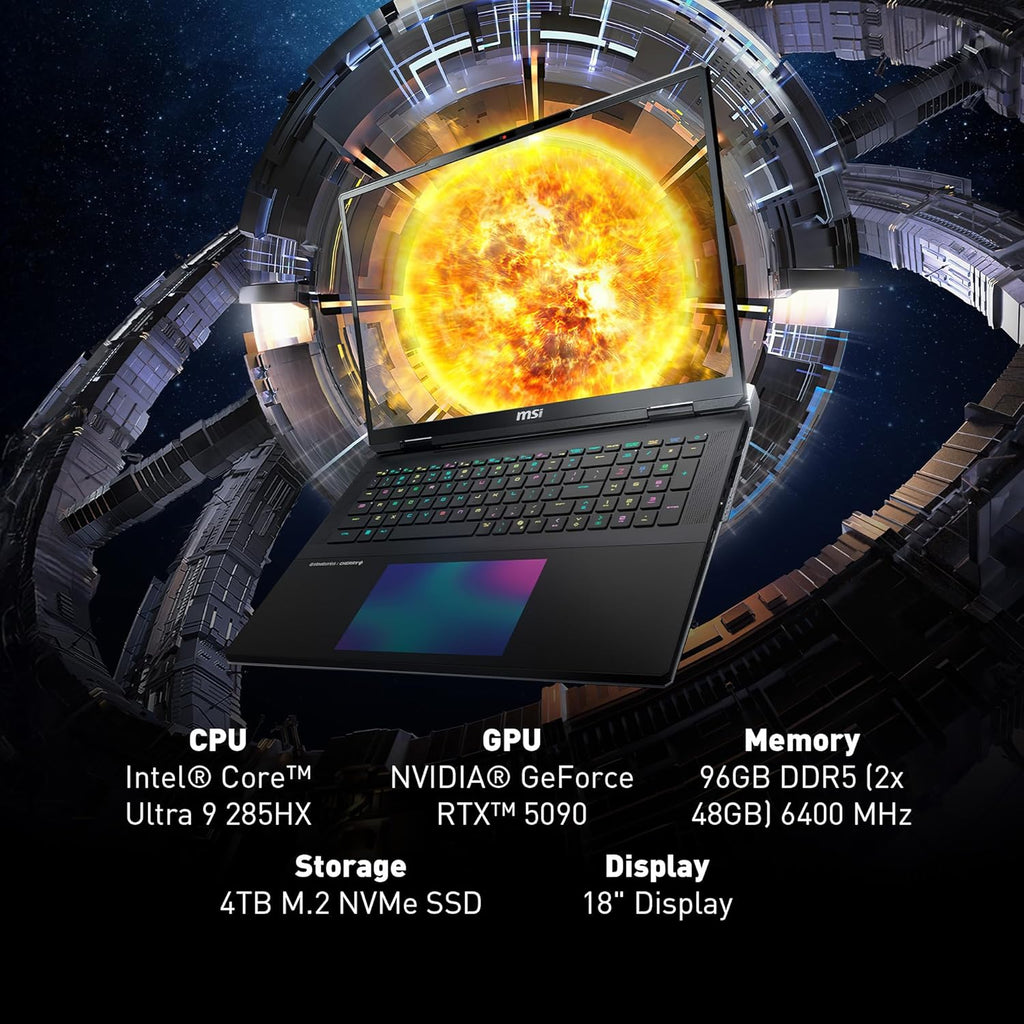 MSI Titan 18 HX AI 18" 120Hz MiniLED UHD+ Gaming Laptop: Intel Ultra 9-285HX, NVIDIA Geforce RTX 5090, 64GB DDR5, 6TB NVMe SSD, Thunderbolt 5, Wi-Fi 7, Win 11 Pro: Black A2XWJG-614US