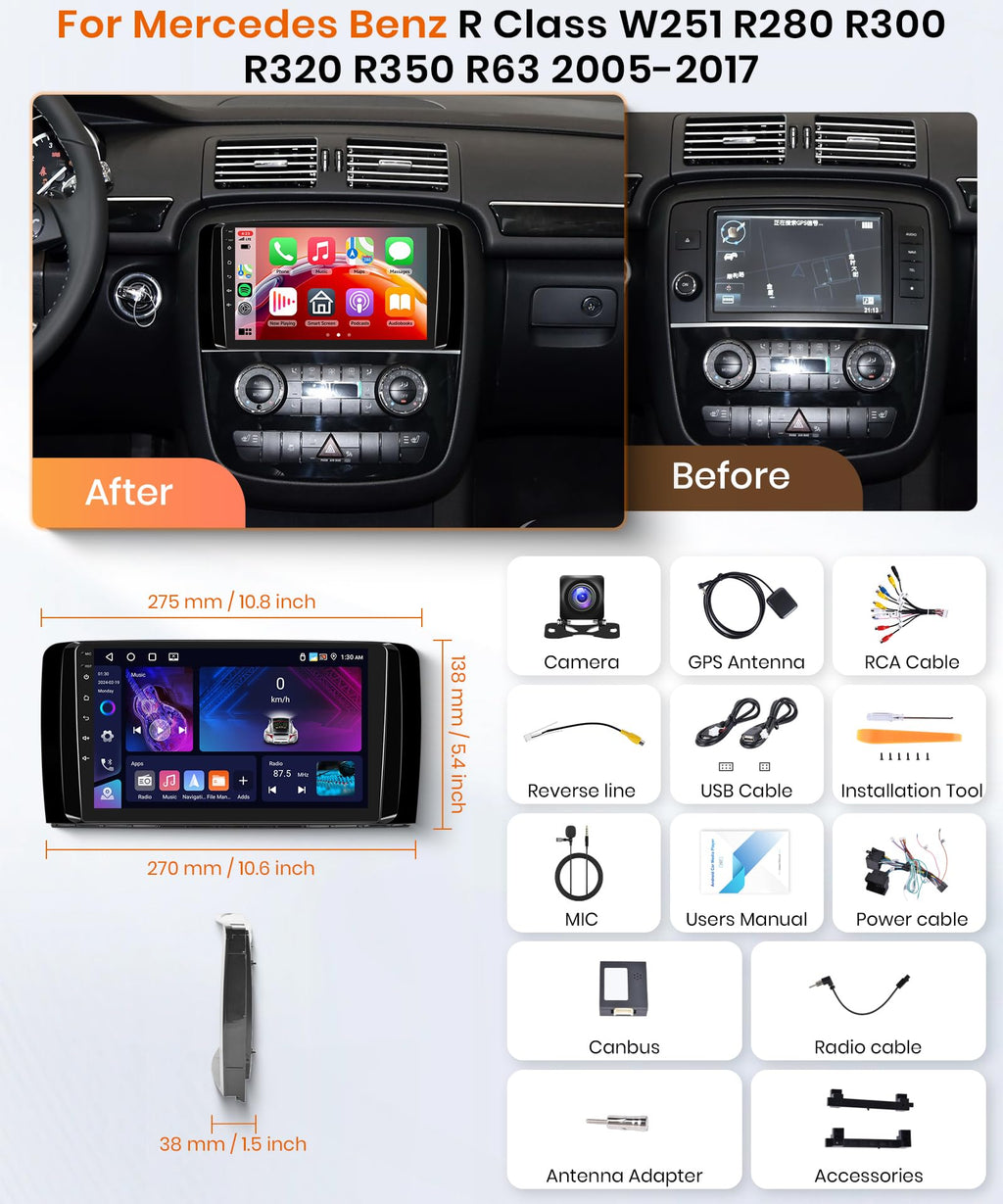 2G+64G Wireless Carplay Android Car Radio for Mercedes Benz R Class W251 R280 R300 R320 R350 R63 2005-2017 9 Inch Radio with Android Auto Navi GPS WiFi Bluetooth FM/RDS/SWC Rear Camera