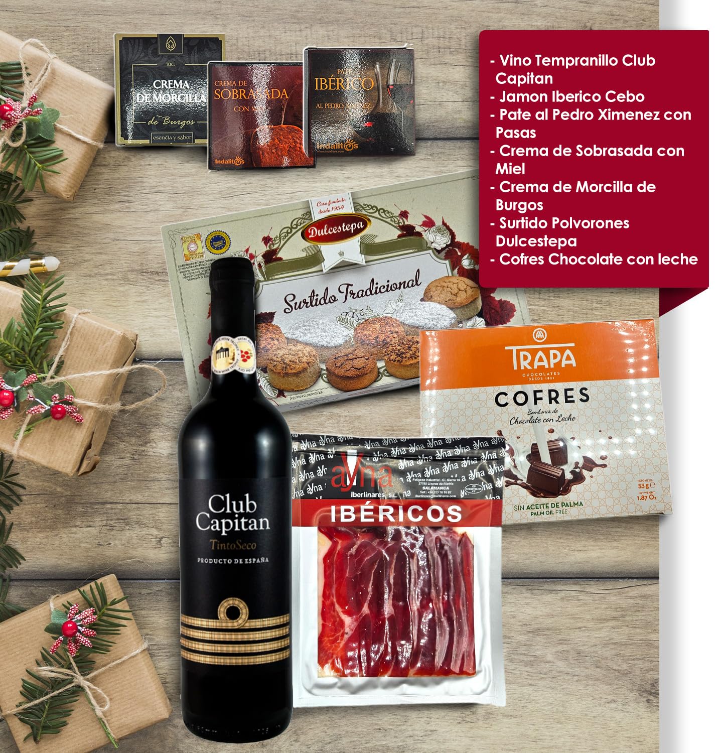 Cesto Gourmet para oferecer M | Perfeita como presente cesta de Natal para empresas, presunto ibérico de isca vinho tempranillo creme de morcela e creme de sobretudo par par PX pack polvones e balões